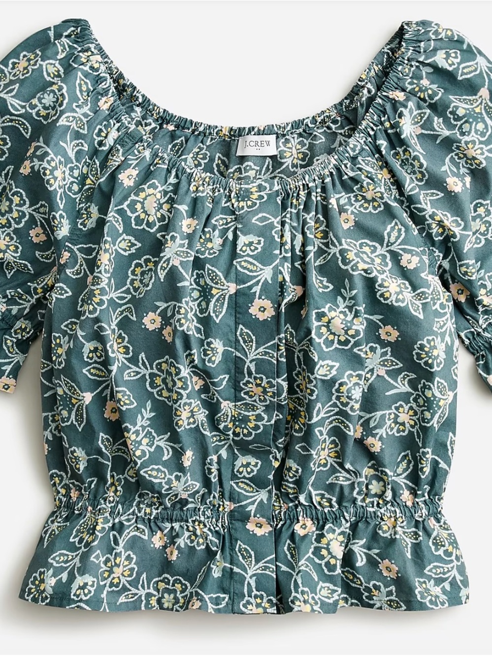 J. Crew Teal Floral Puff-Sleeve Peplum Top